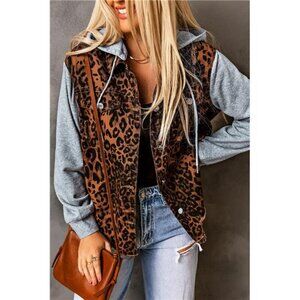 Leopard Distressed Drawstring Hooded Denim Jacket